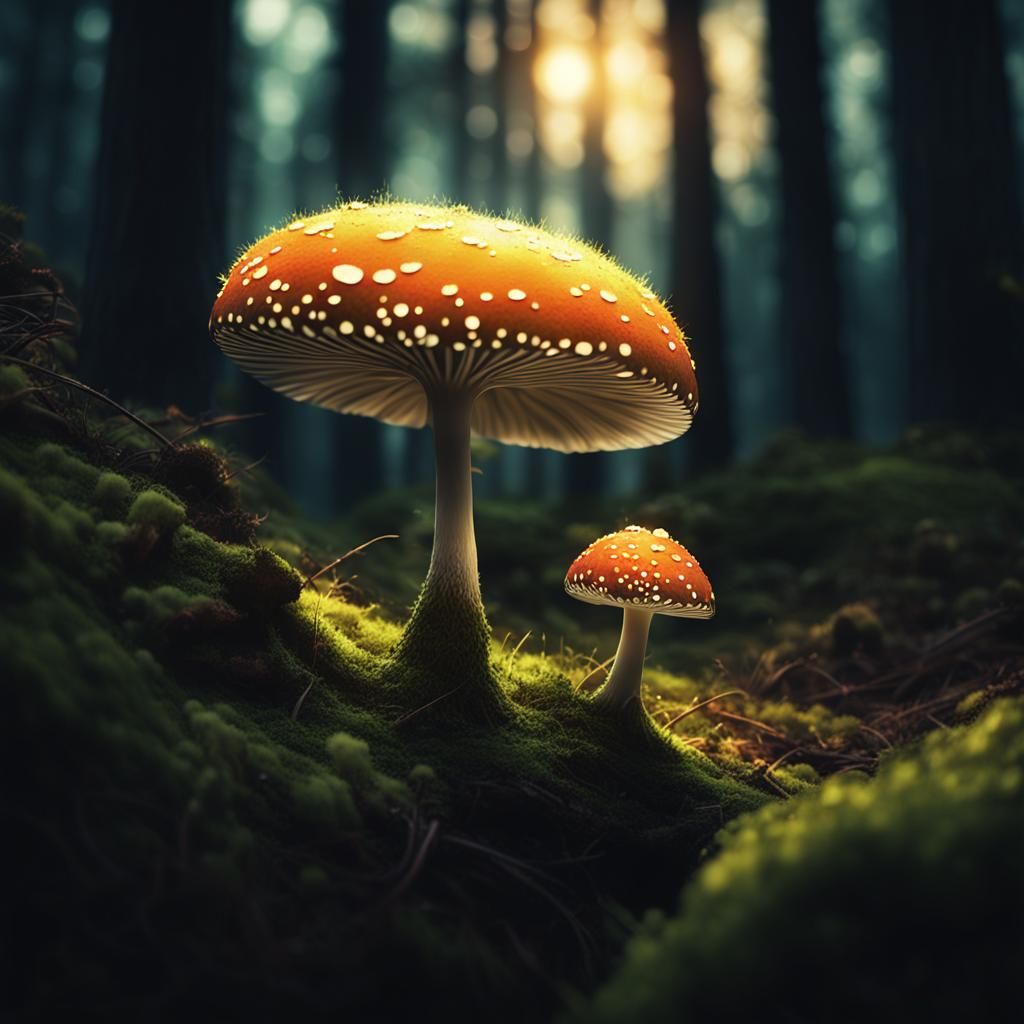 Luminous Mushroom in Dark Forest Double Exposure