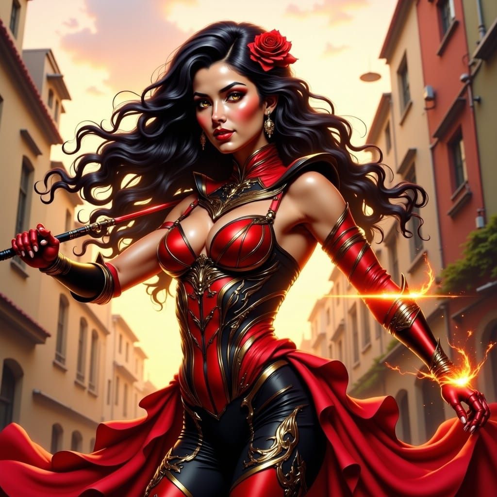 Spanish Superheroine Fencing in Sun-Kissed Cityscape