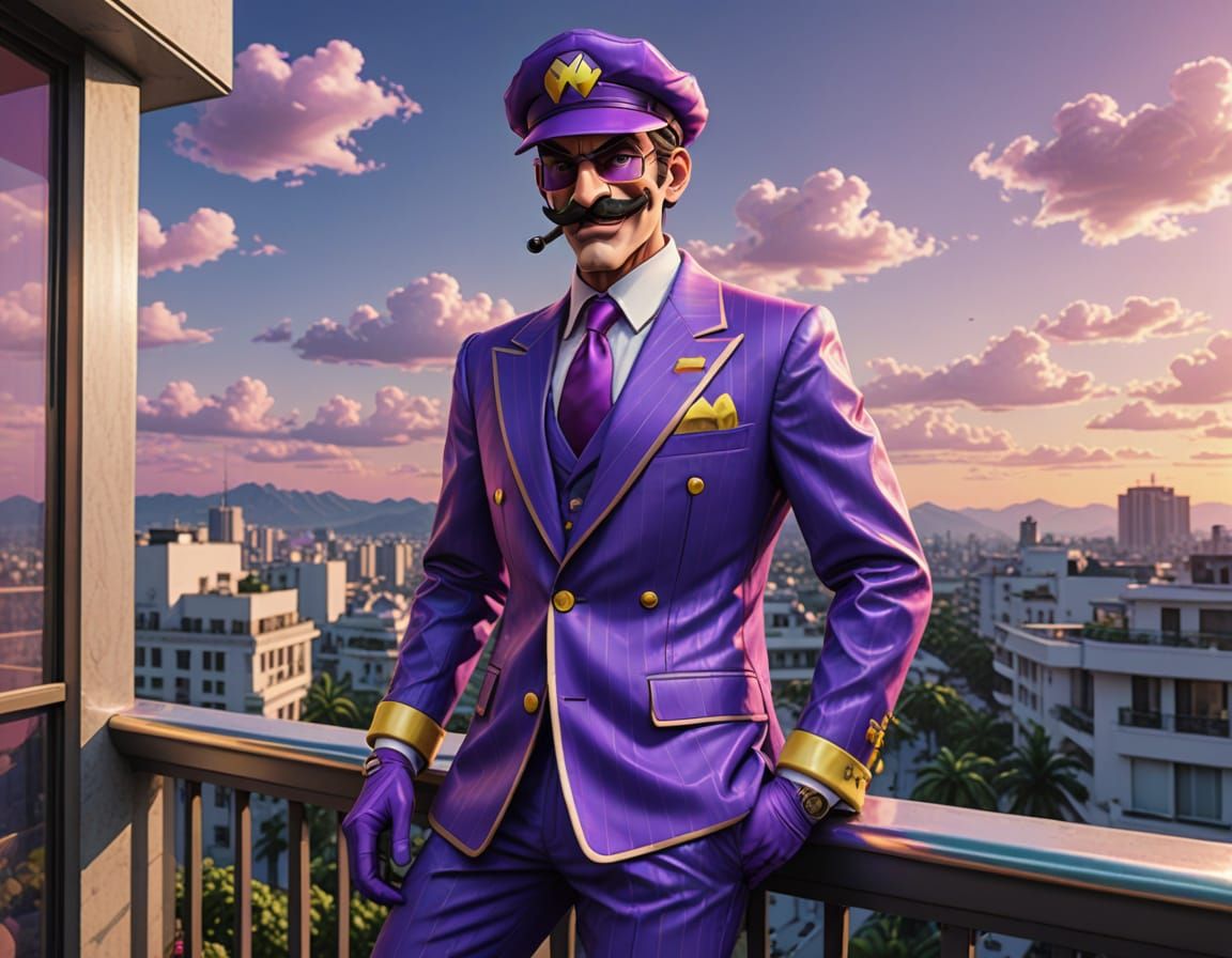 Waluigi in Hyperpop Vaporwave Suit on Balcony