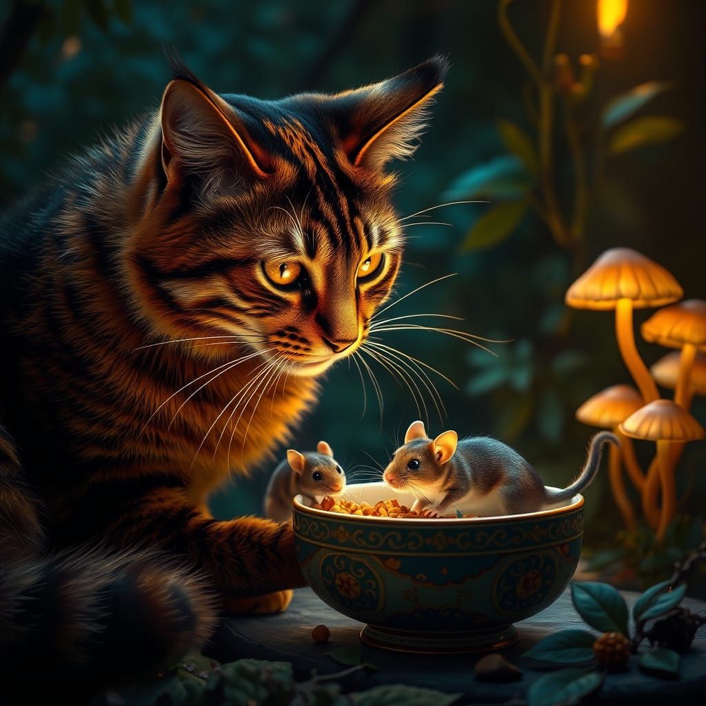 Whimsical Tortoiseshell Cat Encounters Curious Mouse Amidst...