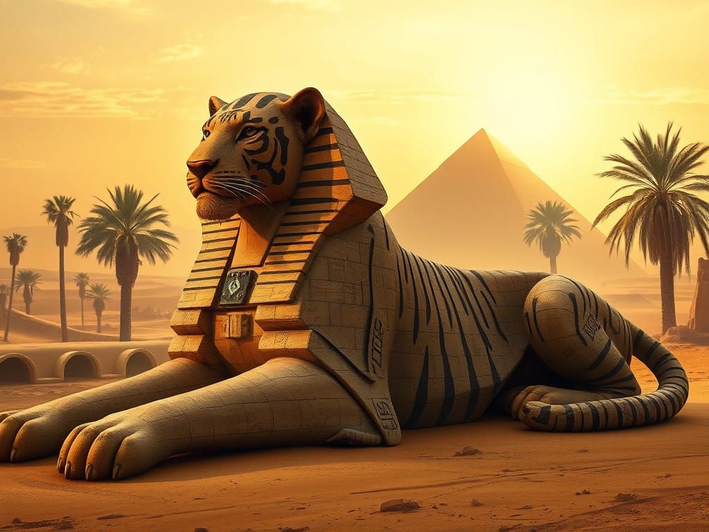Egyptian Tiger Sphinx in a Golden Desert Landscape
