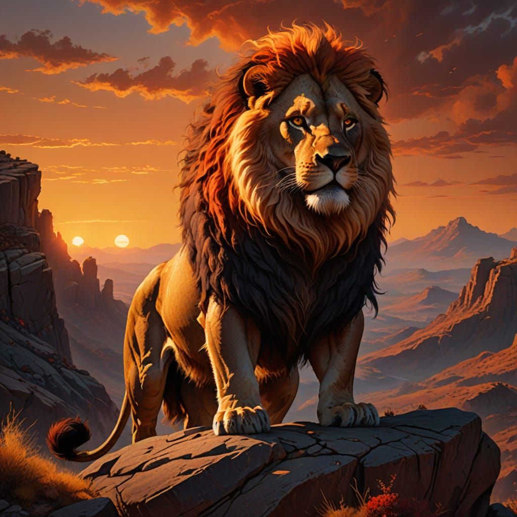 Majestic Lion in Fiery Sunset Splendor