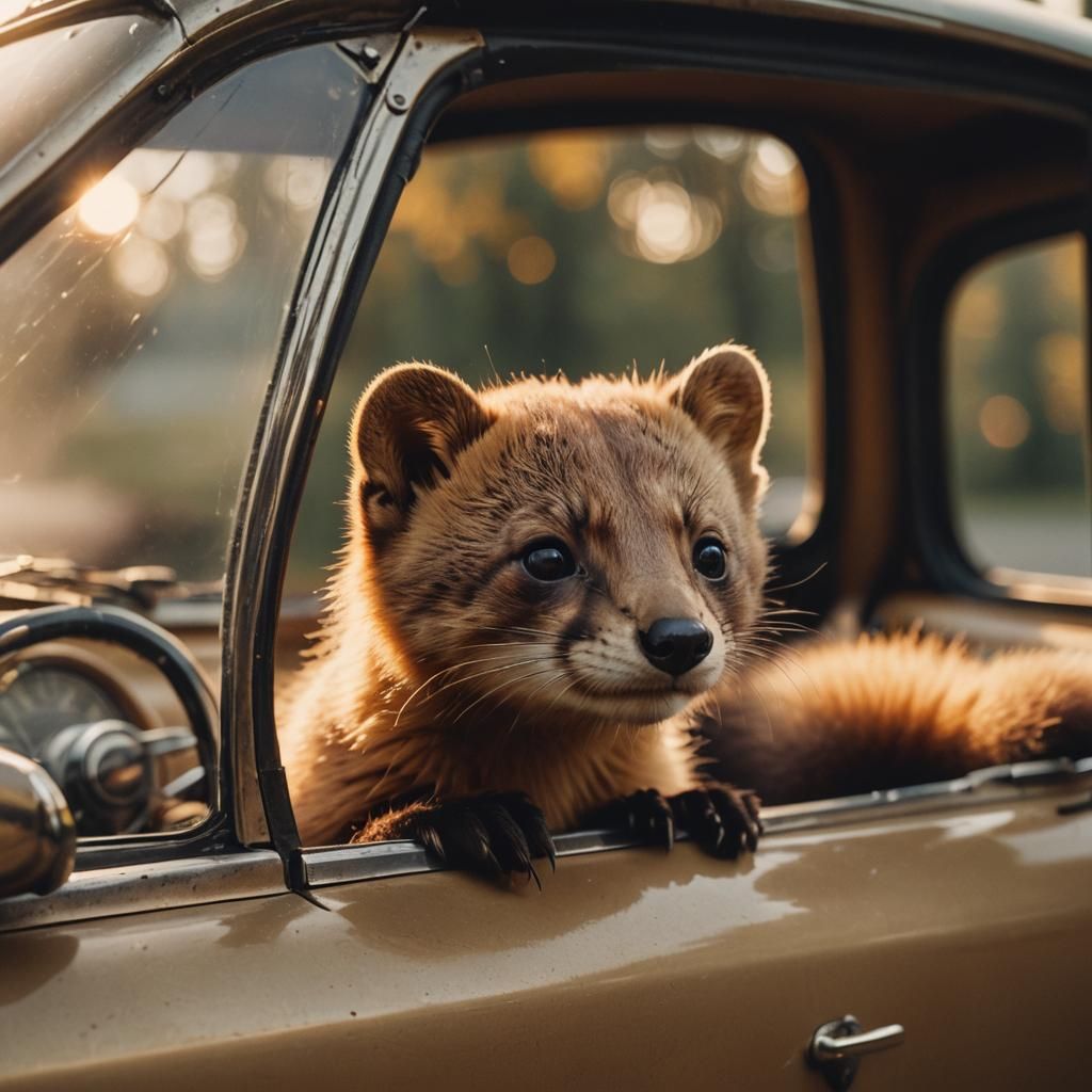 Cute Marten Peeks Out From Vintage Car