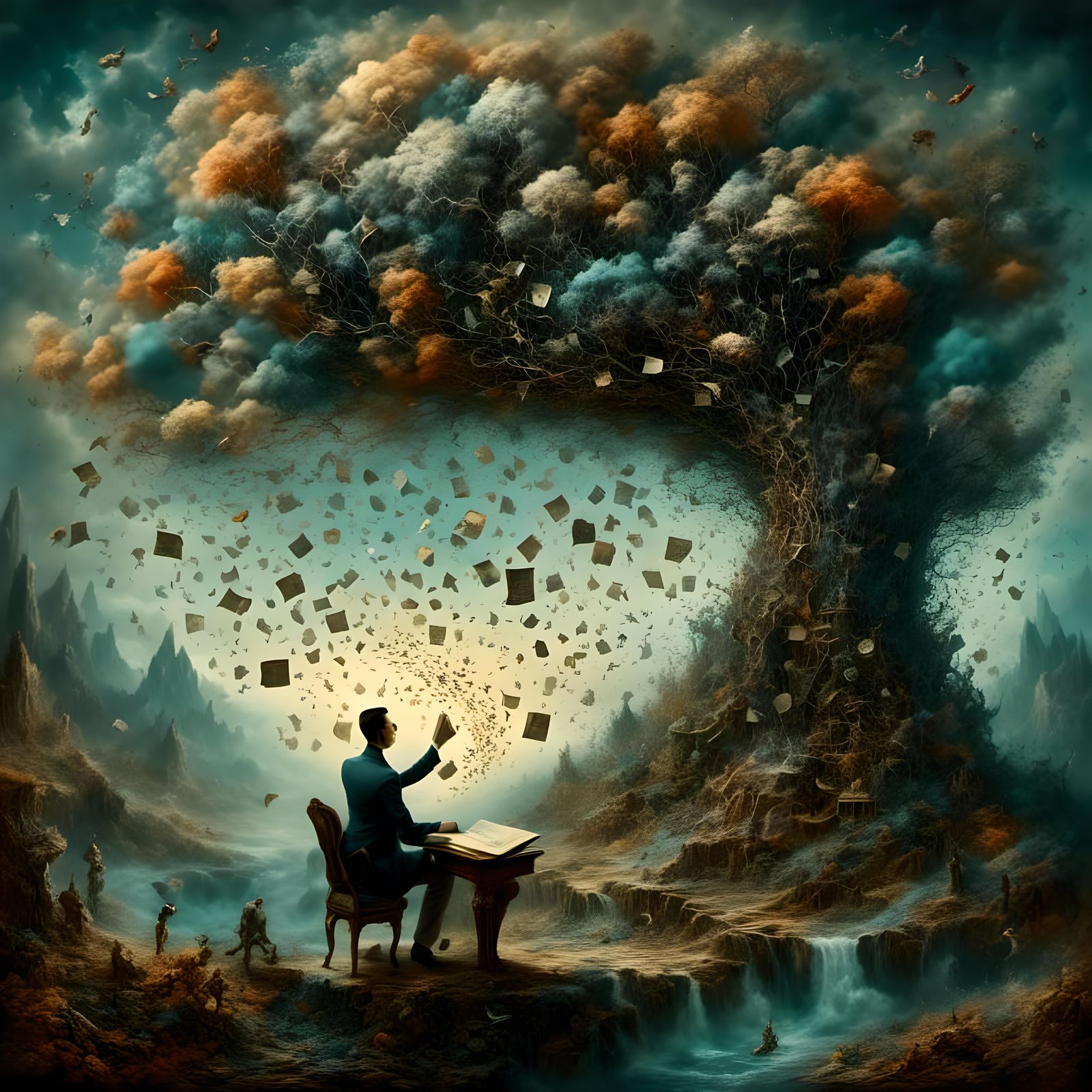 The Man Contemplates an Open Book in a Dreamlike Landscape