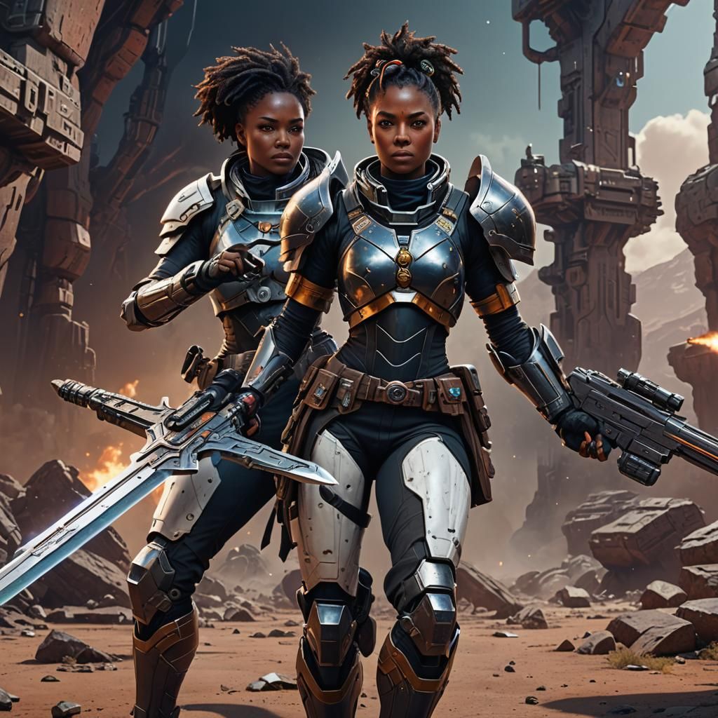 Ebony Female Space Warrior with Sword and Blaster