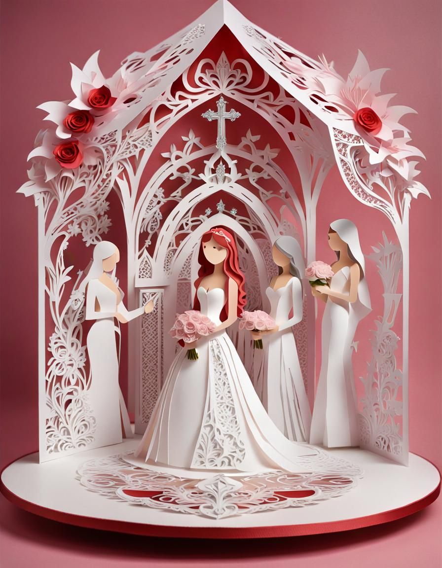 Kirigami Wedding Scene with Red-Haired Brides