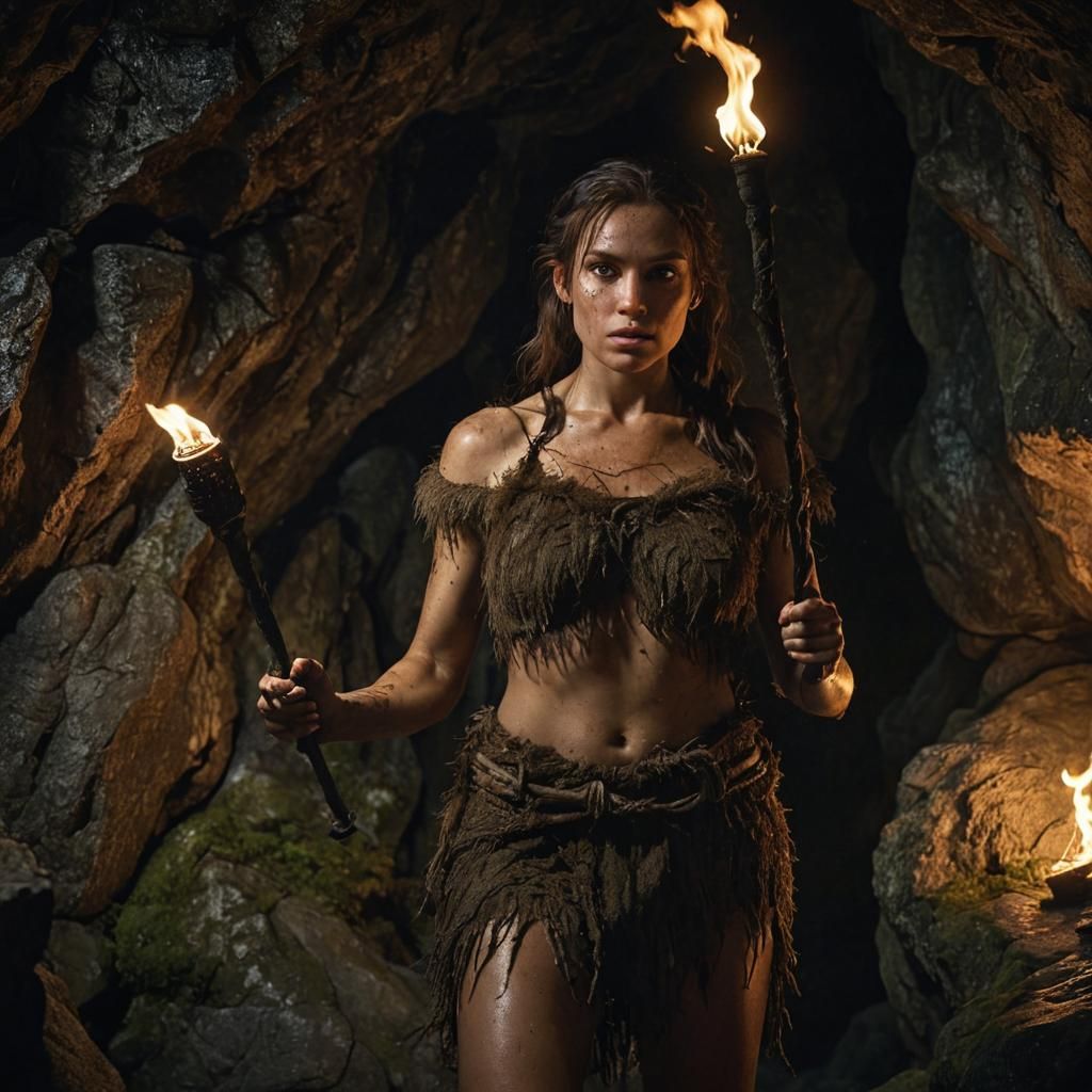 Cavewoman Portrait with Torch in Cinematic Lighting