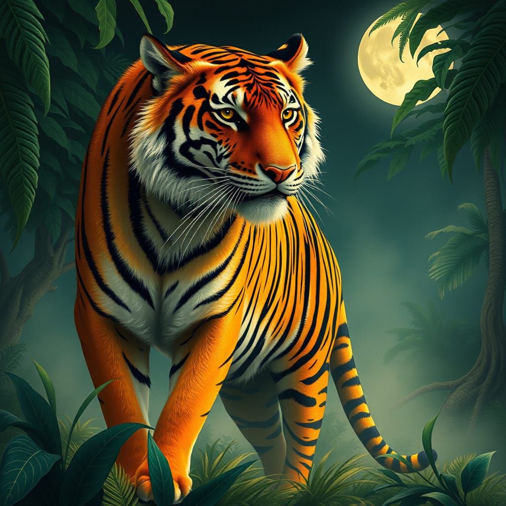 Tiger in Majestic Art Nouveau-Inspired Jungle Scene