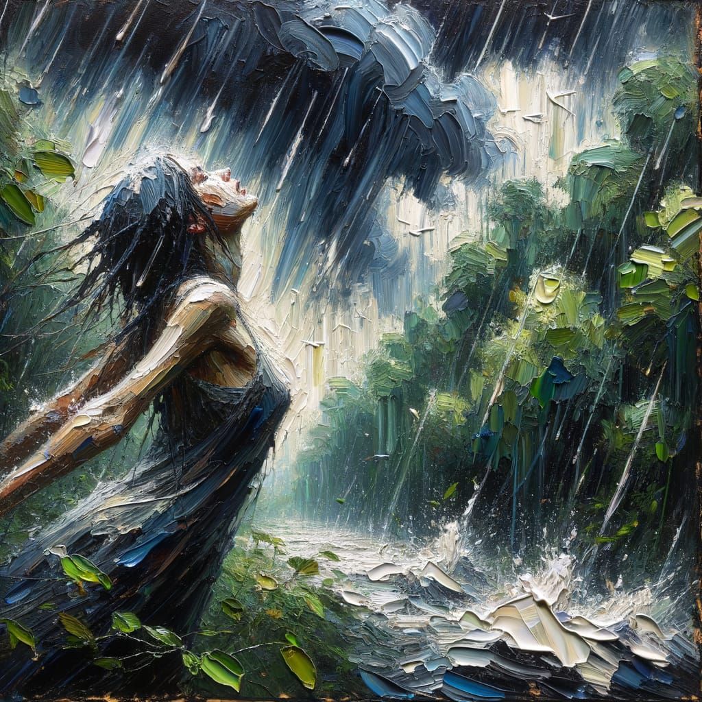 Girl Embracing Rain in Lush Jungle as Impasto Painting