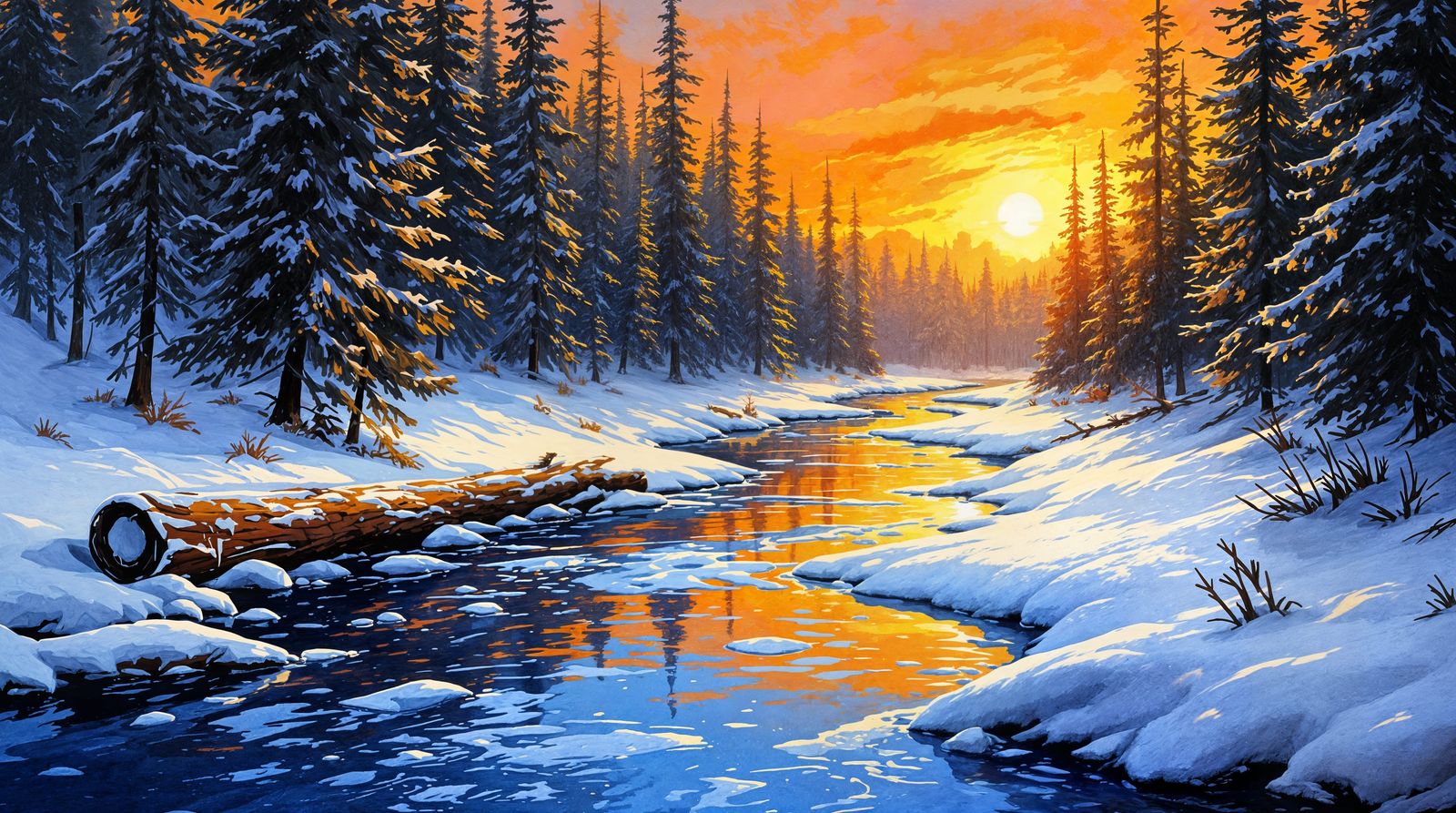 Impressionist Winter Forest at Sunset with Textured Brushstr...