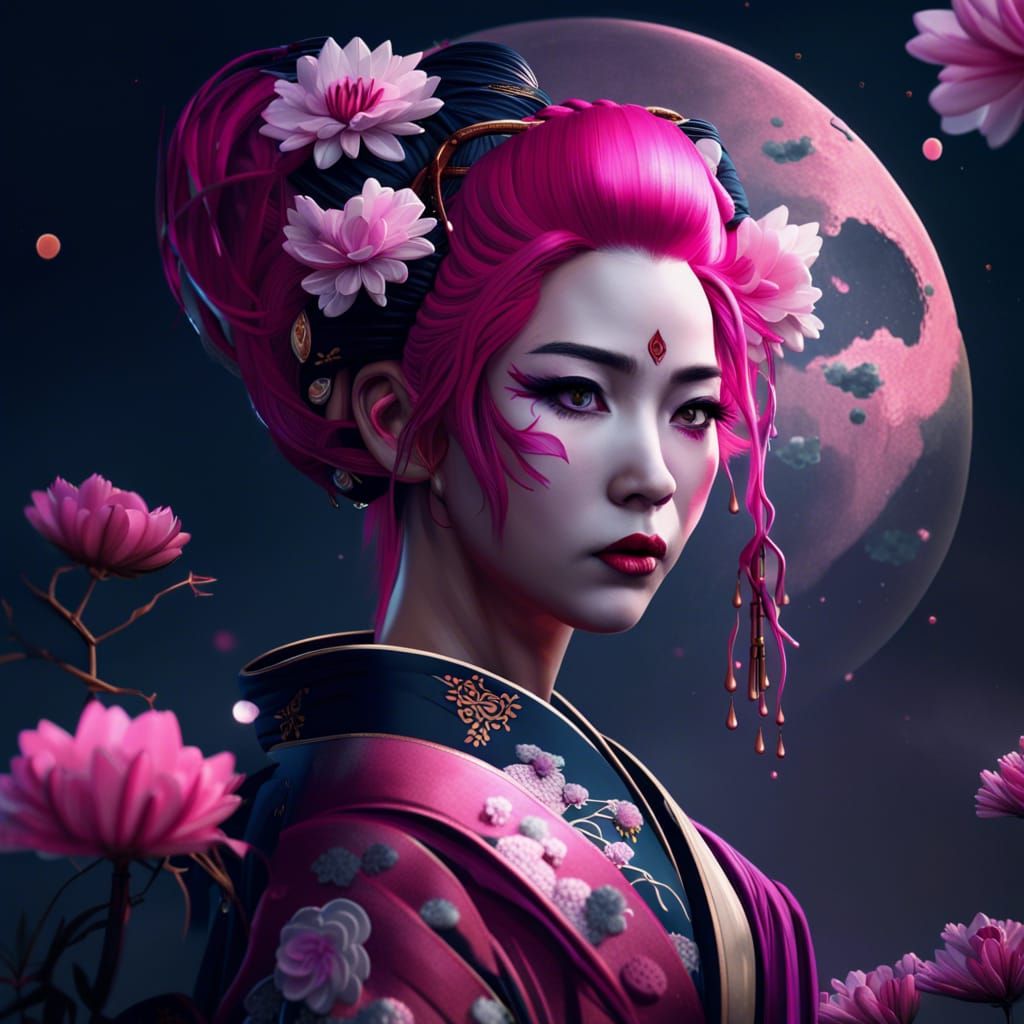 Geisha with Pink Hair, Moon and Flowers