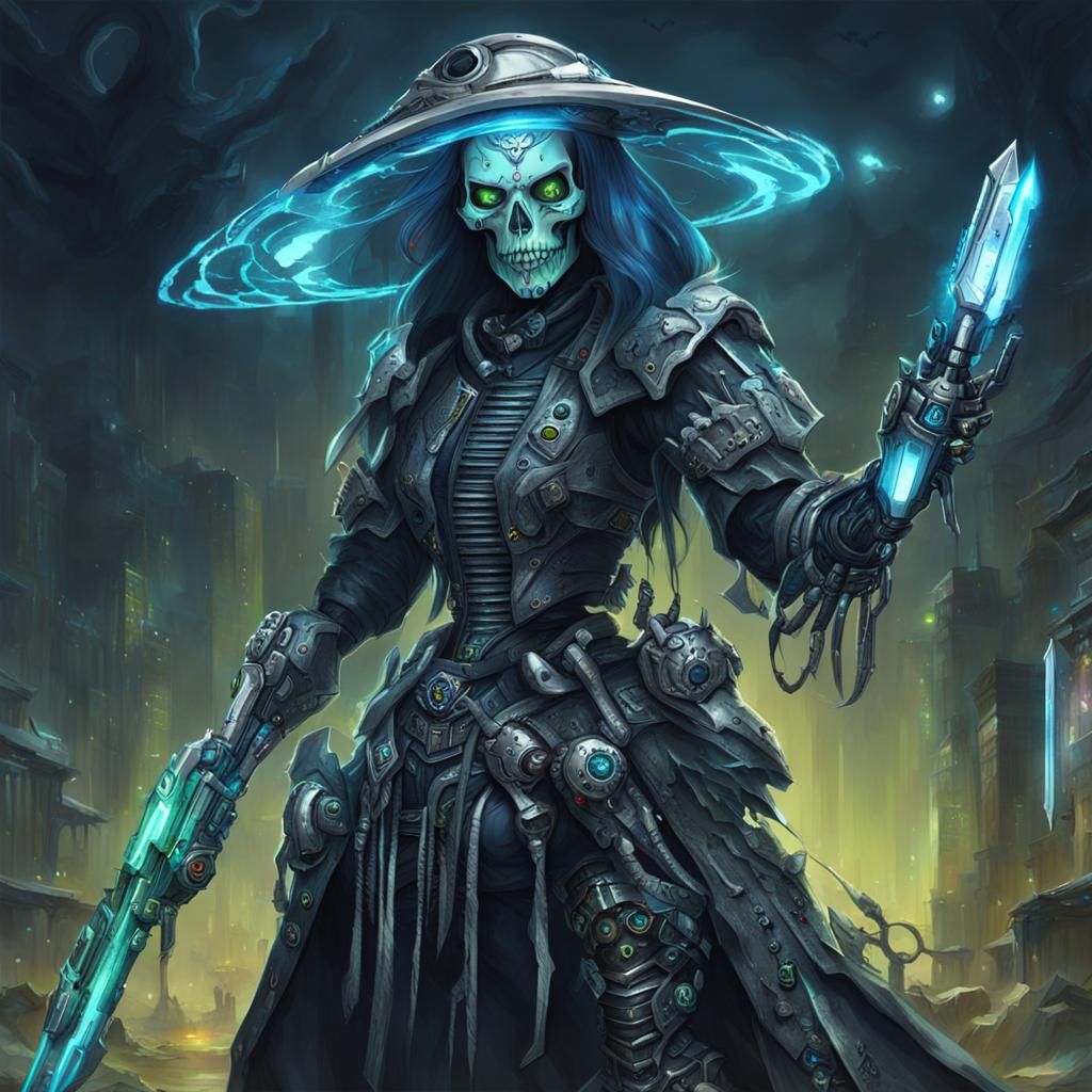 Cyber Skull Witch Cyborg in Cyberpunk Style