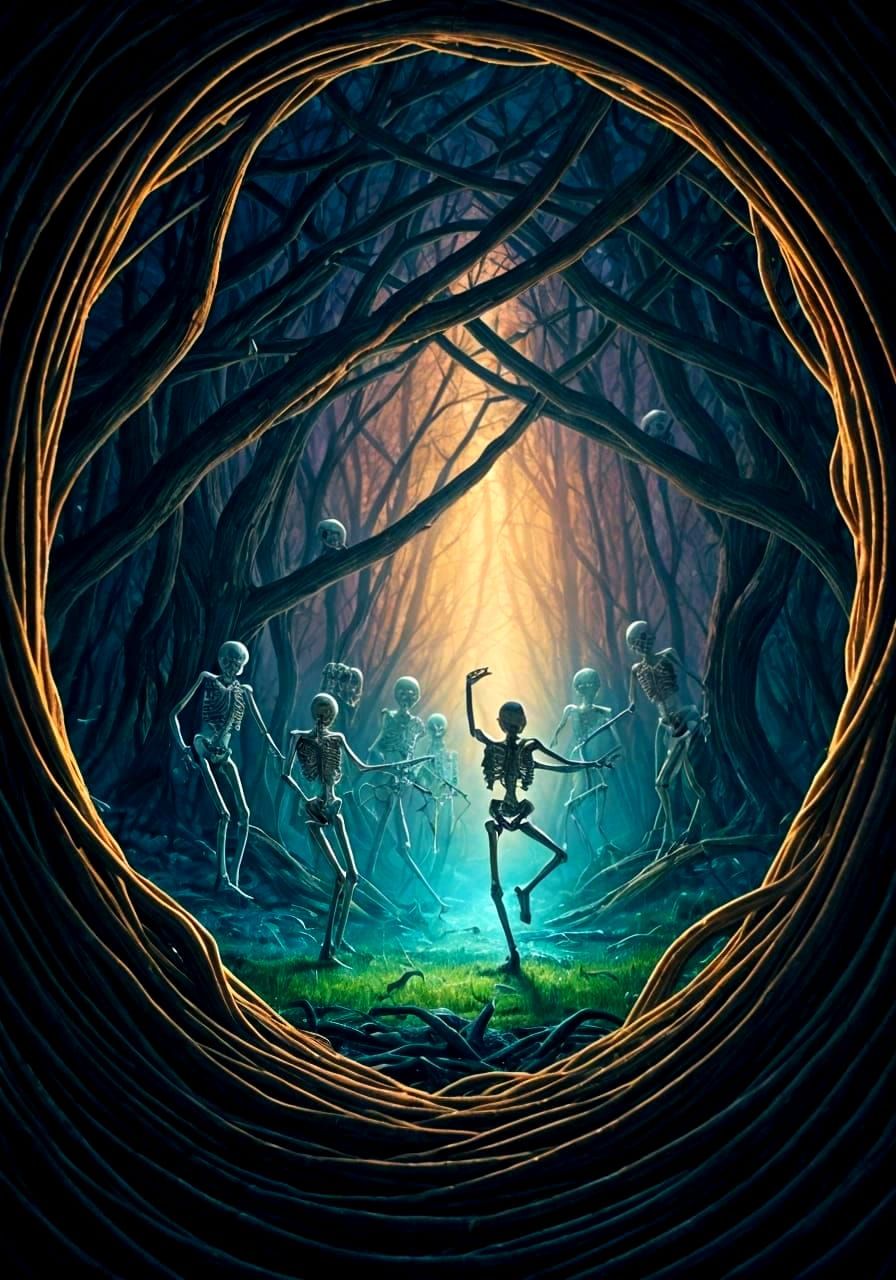 Whimsical Skeletons Dance in Vibrant Enchanted Forest