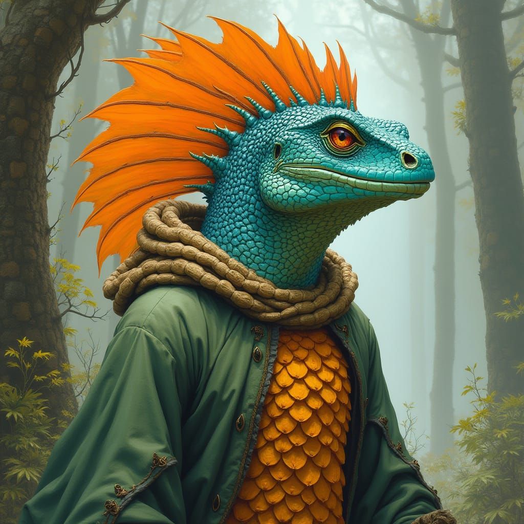 Lizardfolk Druid with Orange Scales, in Fantasy Art Style