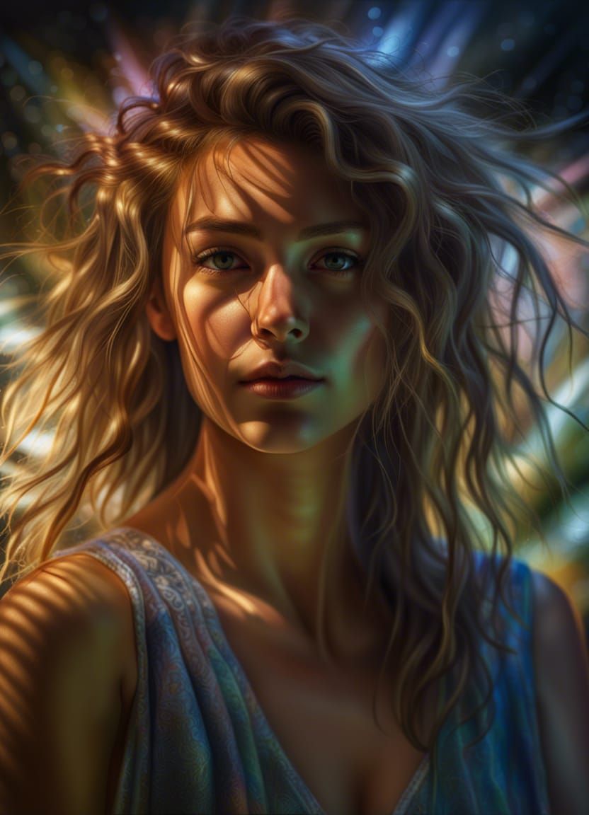 Hyper-Realistic Painter Girl in Sundress with Neon Lighting