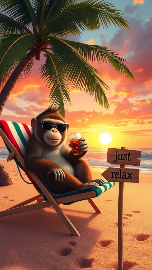 Monkey Relaxing on Beach Under Palm Tree With Iced Tea