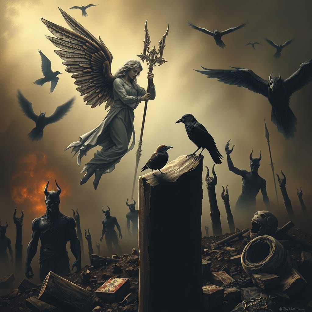 Monochrome Angel Confronts Crow in Gothic Ruins