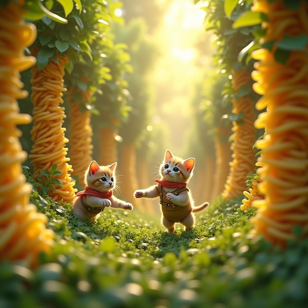 Kittens' Pasta Jungle Adventure in Art Nouveau Style