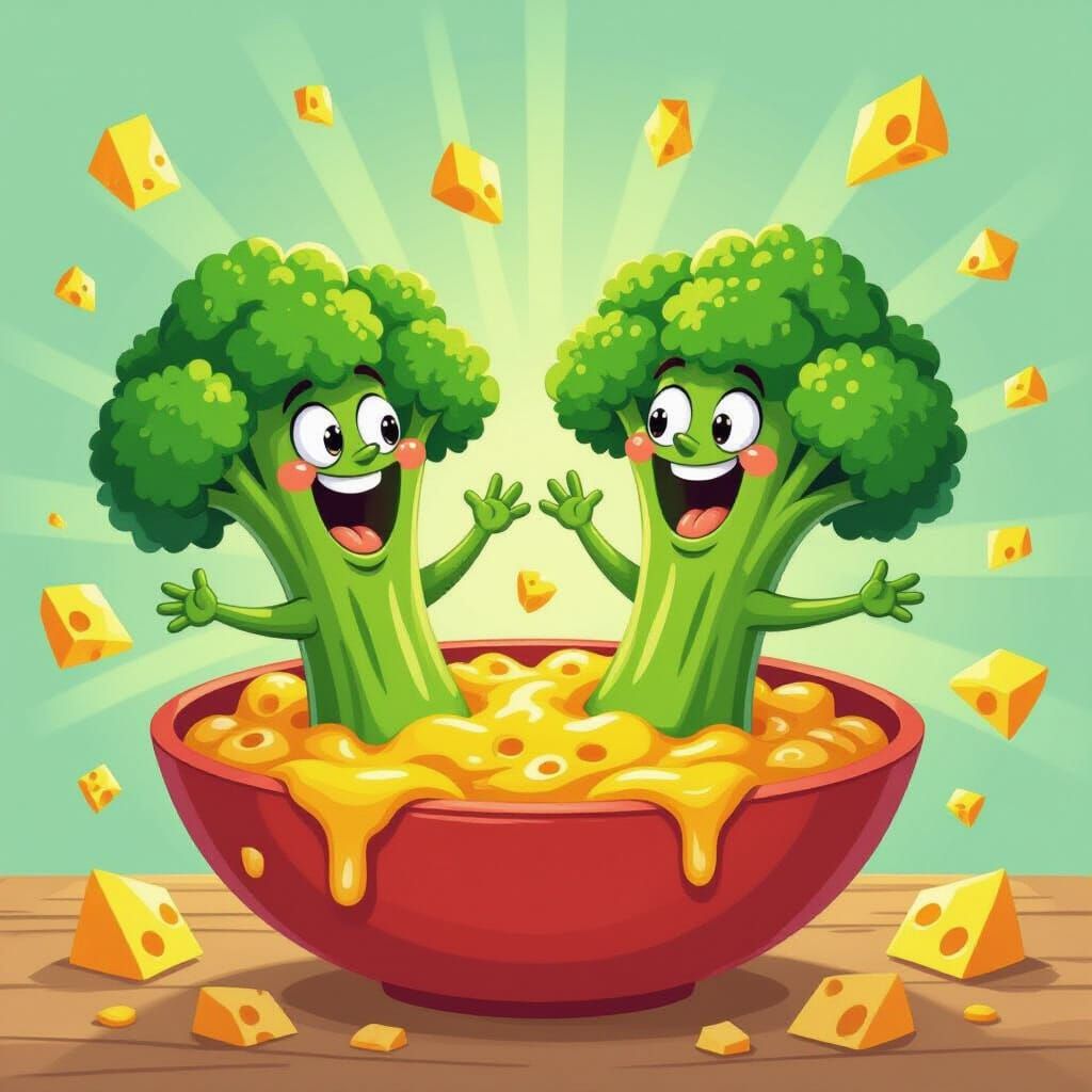 Cheesy Broccoli Dance Party in Cartoon Style