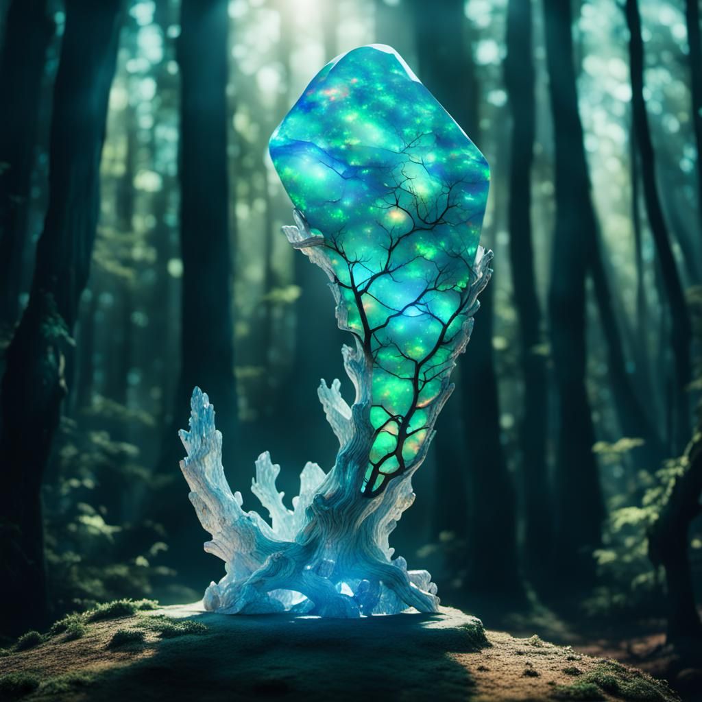 Opal Tree Statue in a Crystal Forest
