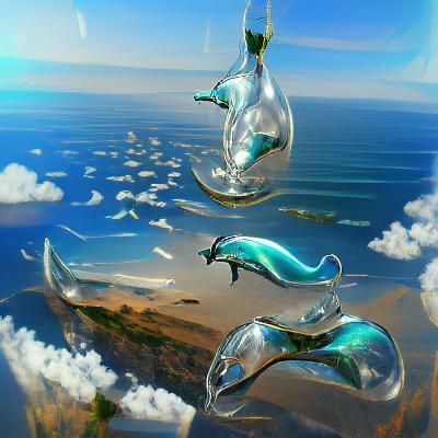 Surreal Glass Dolphins in Calm Sea