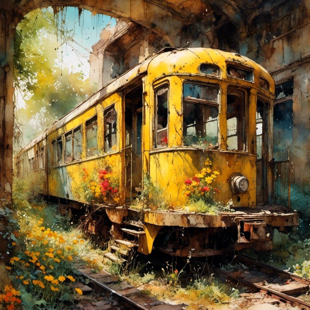 Abandoned Subway Train Adorned with Flowers in Watercolor St...