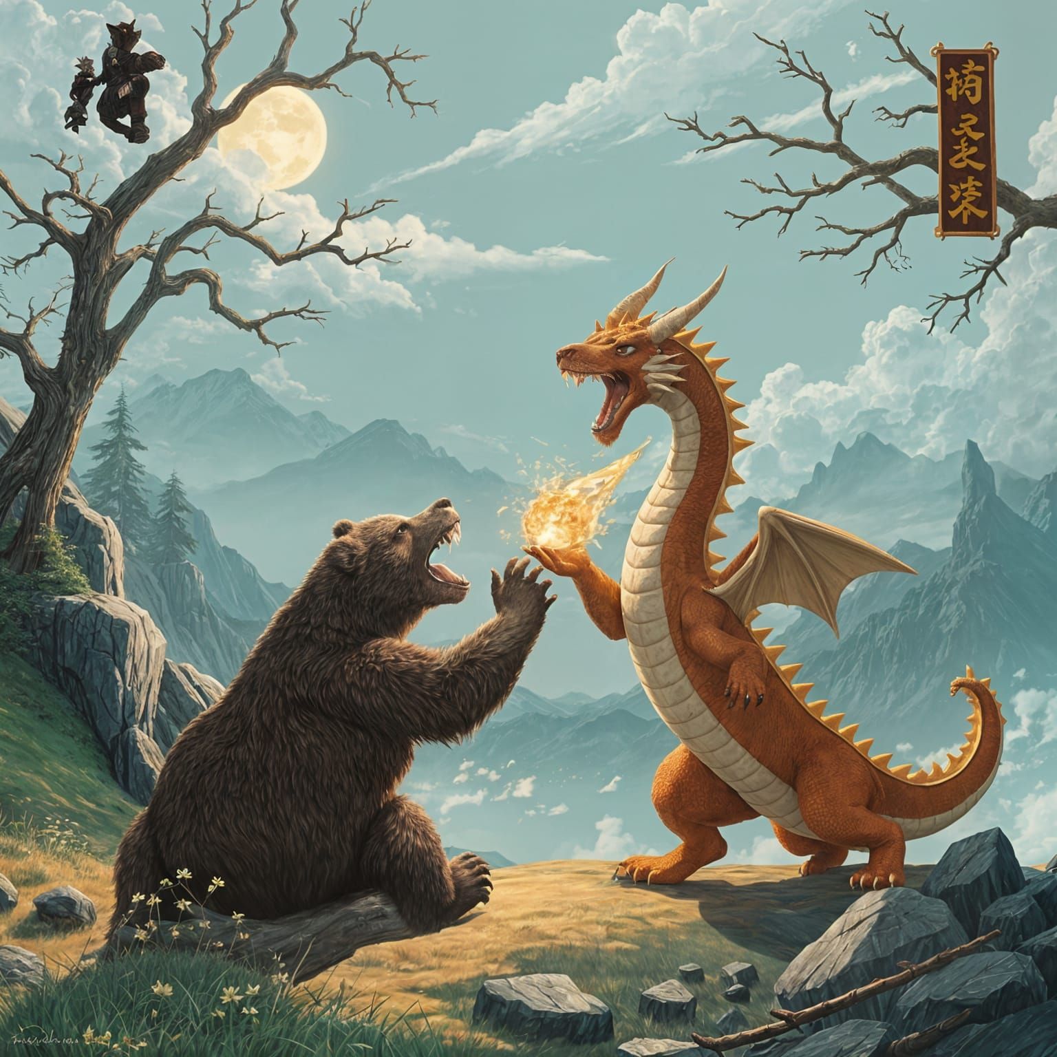 Epic Bear and Dragon Battle in a Fantastical Landscape