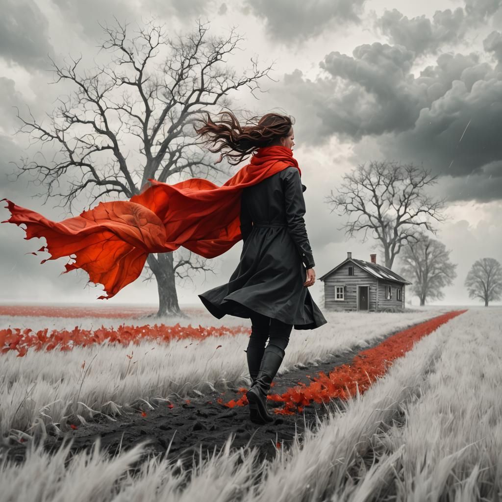 Girl in Storm with Scarf and Maple Leaves