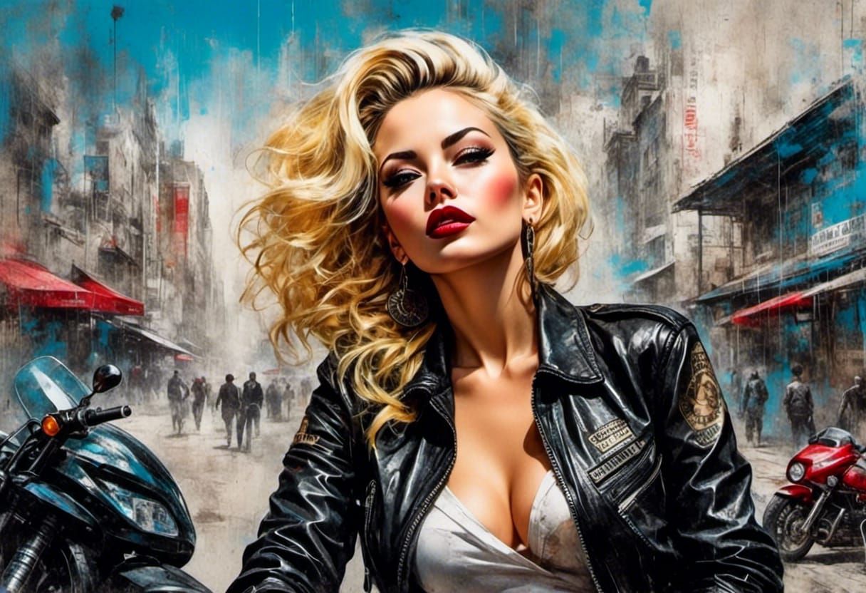 Retro Cyberpunk Pinup in Watercolor Grunge Style