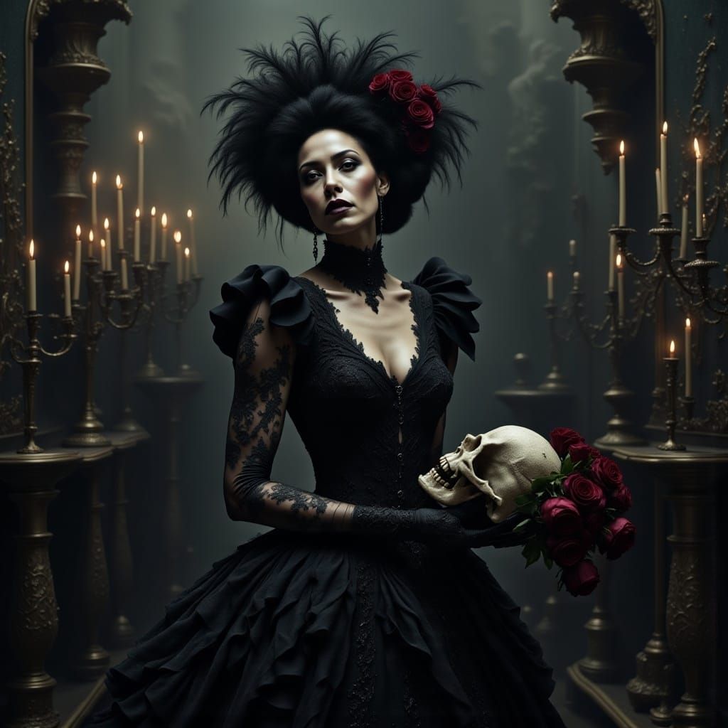Gothic Woman with Skull and Roses in Baroque Setting