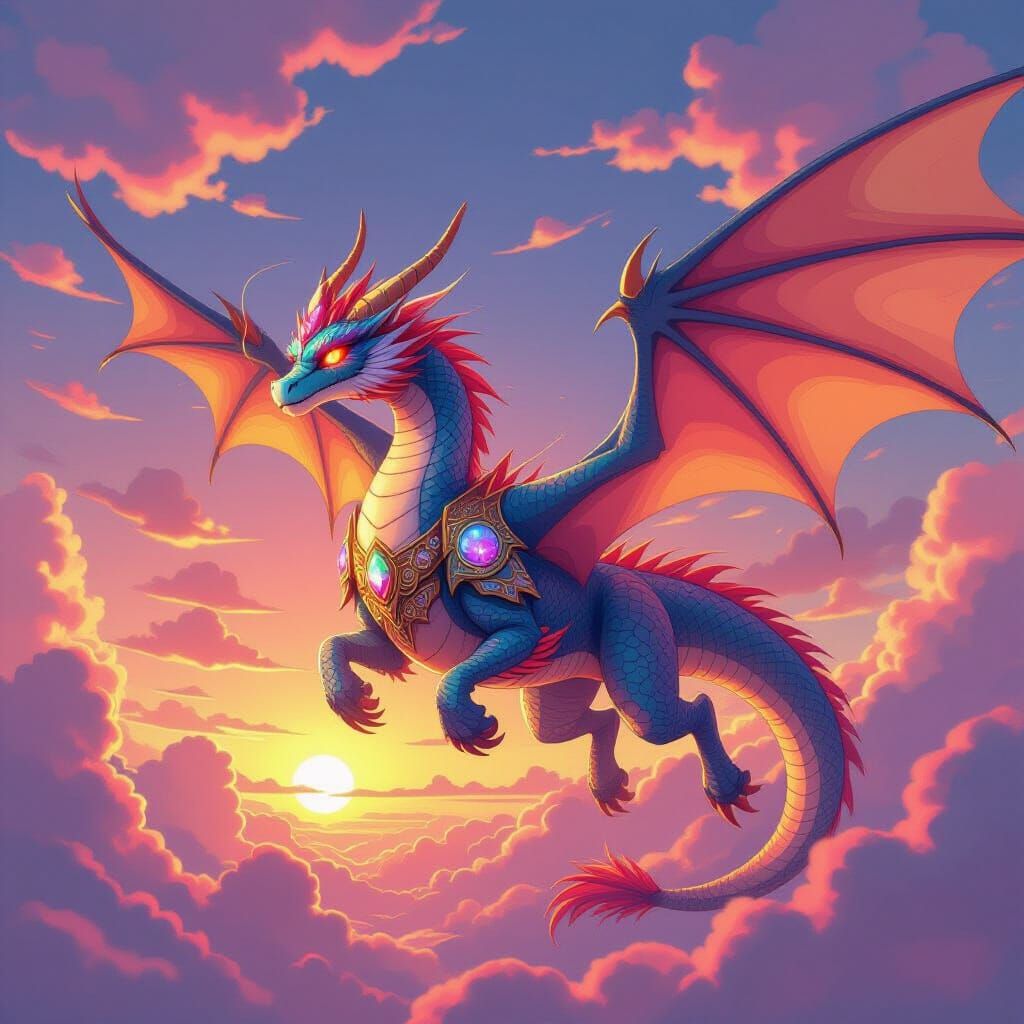 Anime Dragon Soaring Through Sunset in Ghibli Style