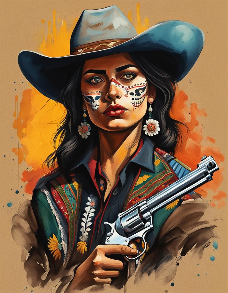 Mexican Cowgirl Portrait in Day of the Dead Style