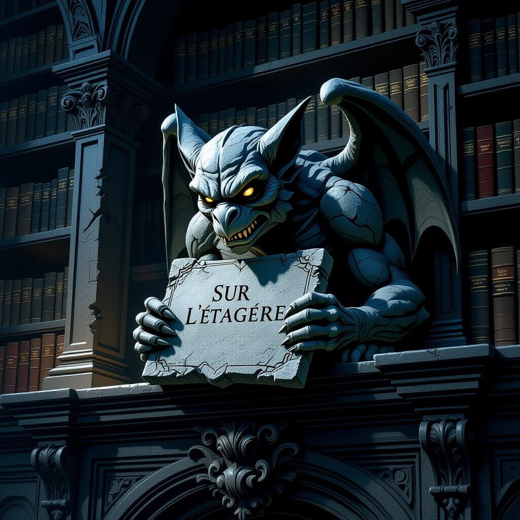 Stone Gargoyle in Midnight Library Holding 'SUR L'ÉTAGÈRE' T...