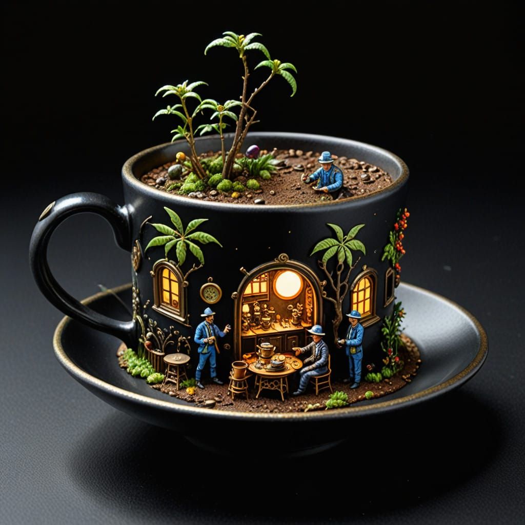 Elegant Steampunk Coffee Plantation Scene on Antique Porcela...