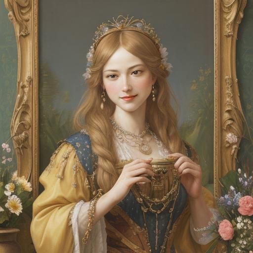 Crowned Cat in Renaissance Garden, Baroque Oil Painting