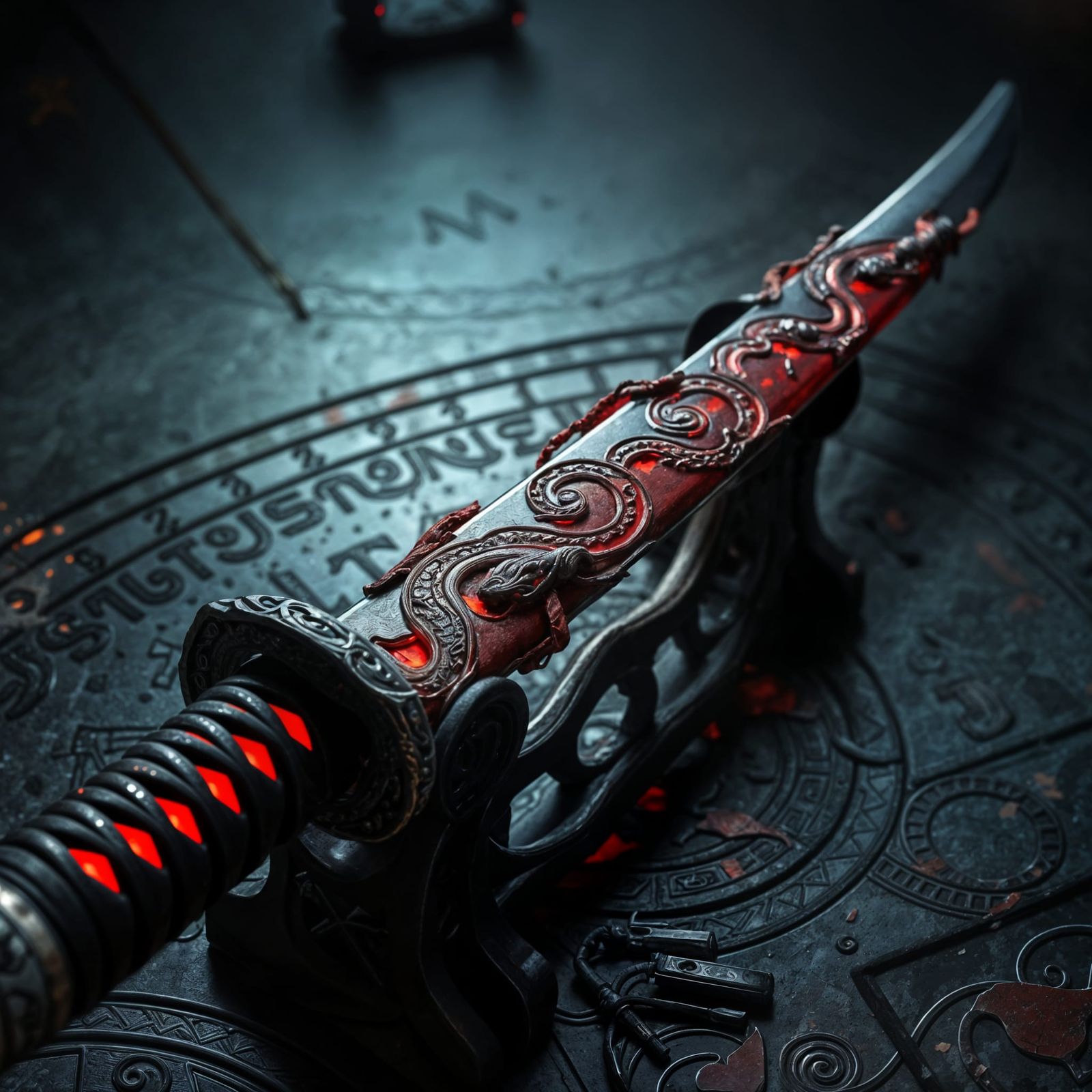 Cursed Samurai Sword with Runes in Beksiński Style