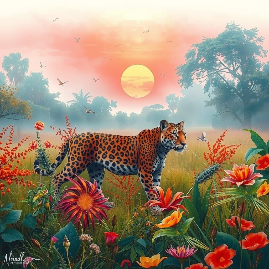 Jaguar in Ornate Colorful Jungle: Watercolor Airbrush Style
