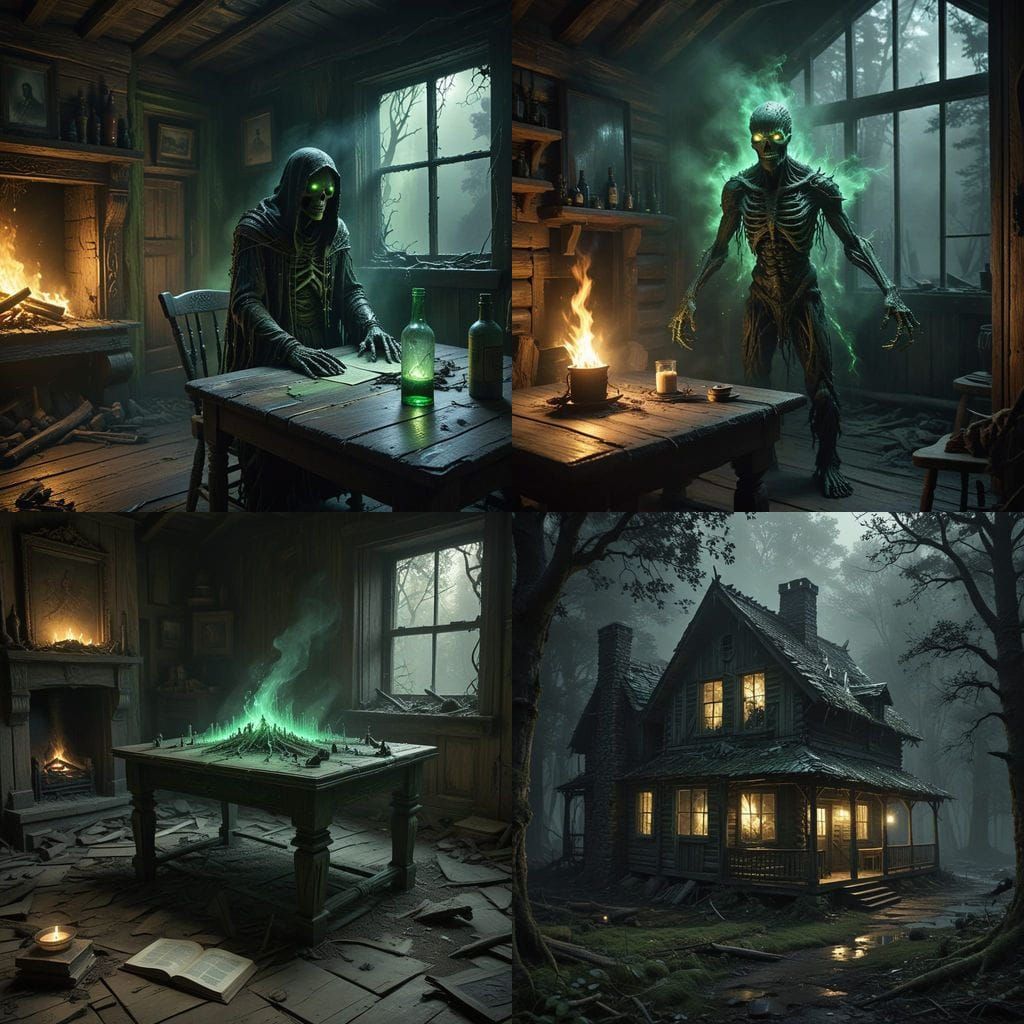 Ethereal Horror Unleashes Malice in Haunted Log Cabin Scene