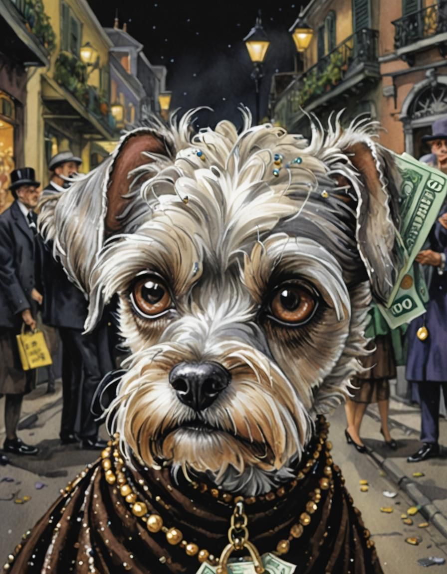 Anthropomorphic Schnauzer in New Orleans, Whimsical Illustra...