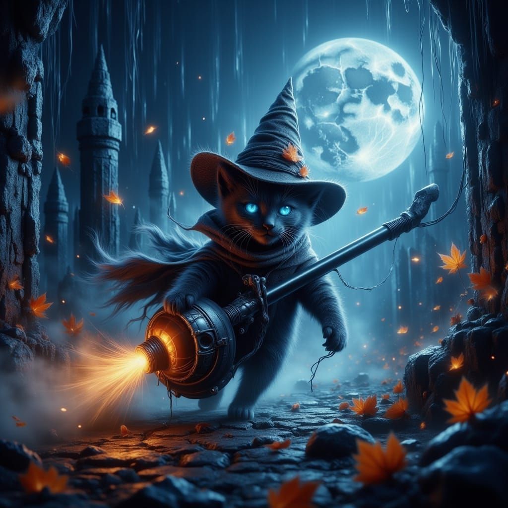 Witch Kitten Rides Vacuum Through Spooky Graveyard