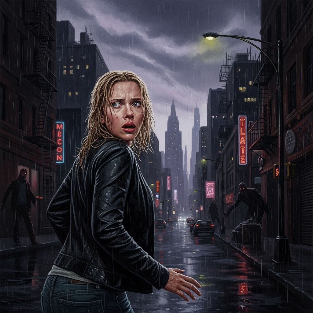 Terrified Scarlett Johansson in Ominous City Streets Paintin...