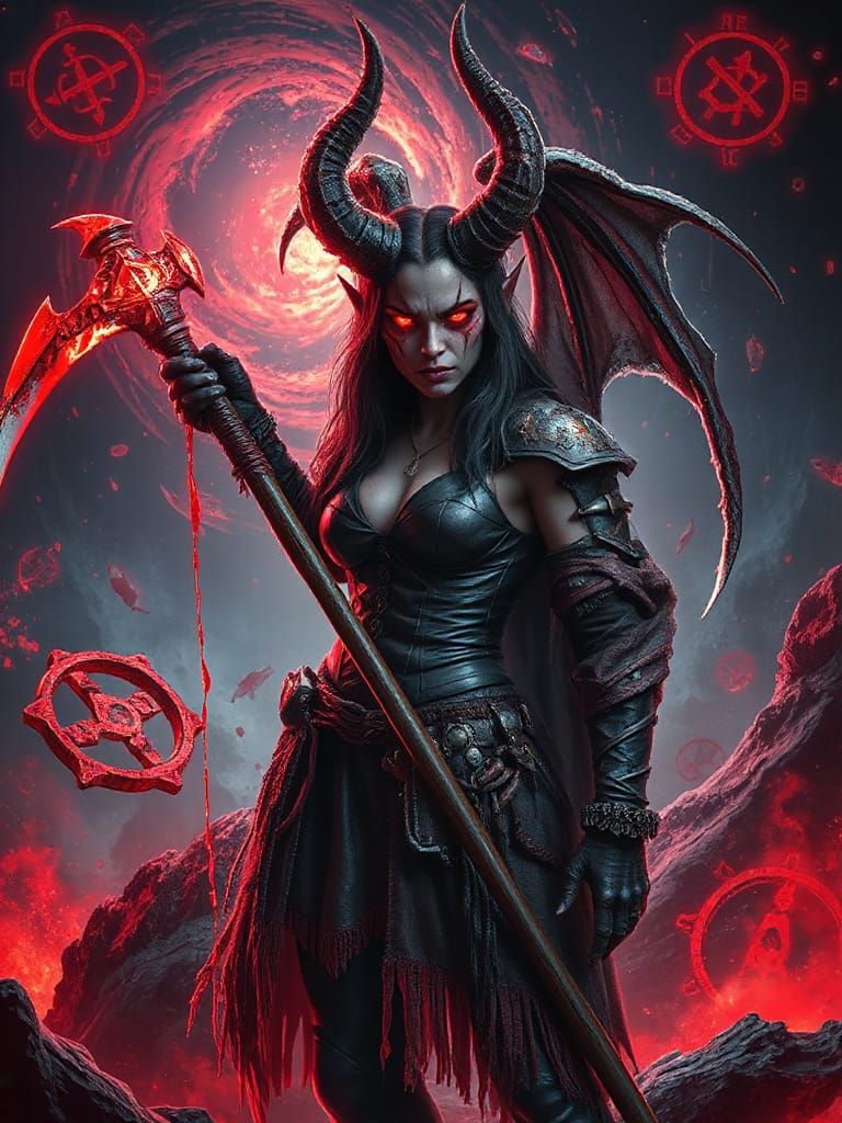 Demon Woman with Scythe in Cosmic Vortex