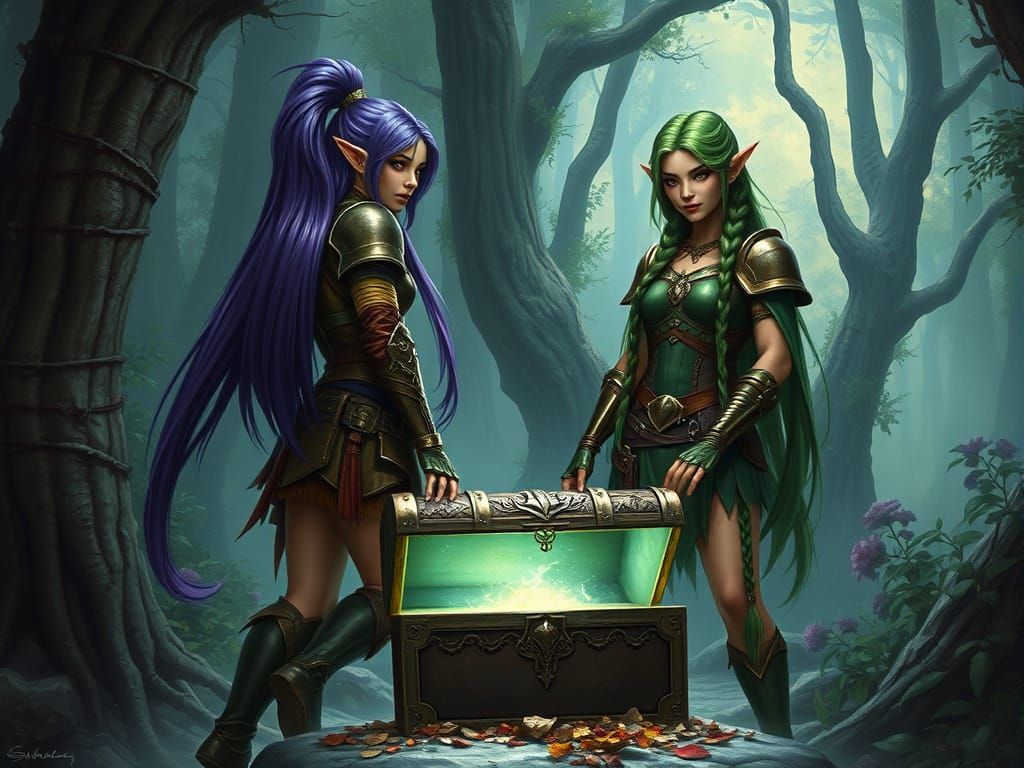 Elven Warriors Guarding Treasure in Mystical Forest