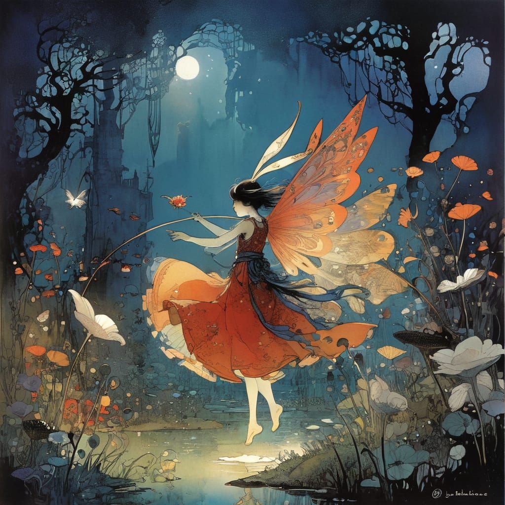 Magical Night Garden with Fairies in Detailed Style