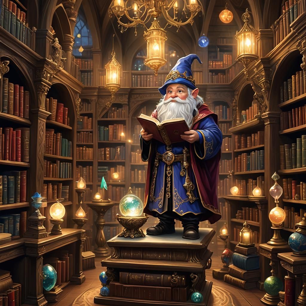 Gnome Wizard in a Magical Library