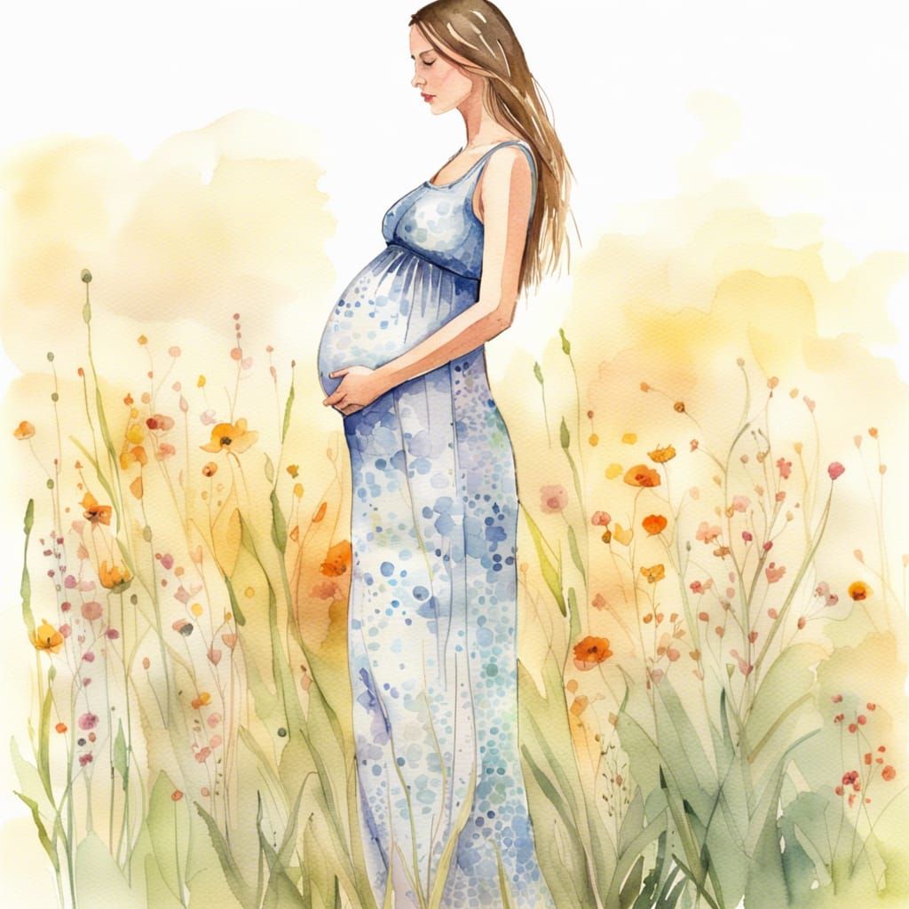 Watercolor of Pregnant Woman in Floral Dress