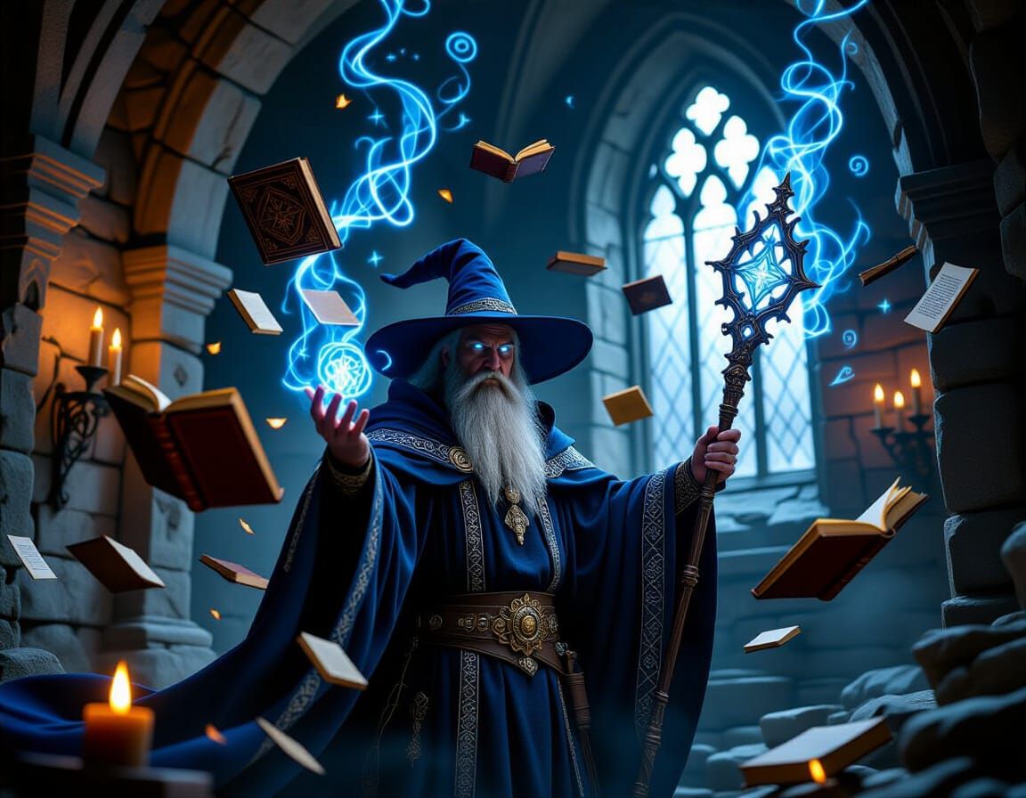 Mage in Arcane Tower with Rune Staff and Levitating Books