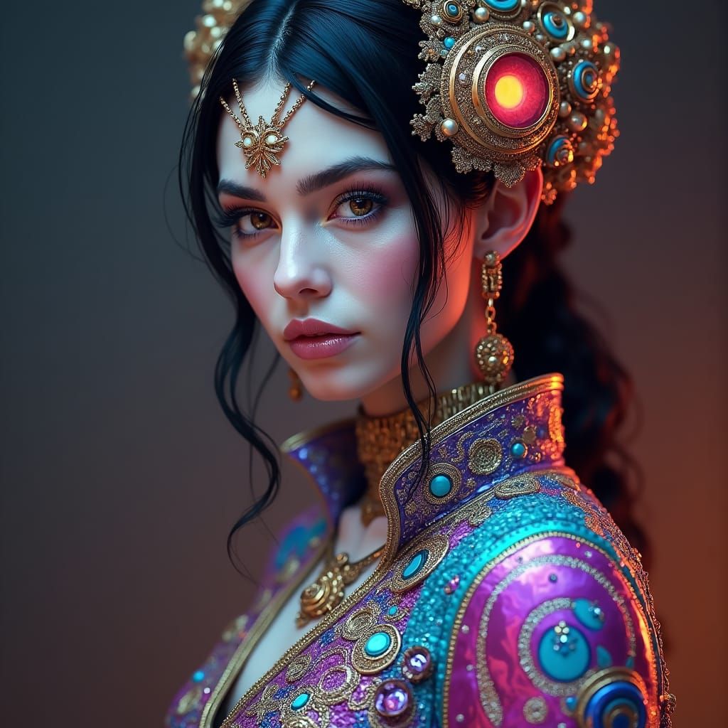 Stunning Woman in Biomechanical Apparel: Hyperrealistic Port...