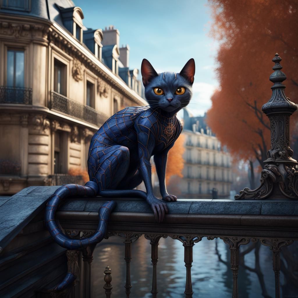 Spider-Cat in Paris: Detailed Fantasy Art