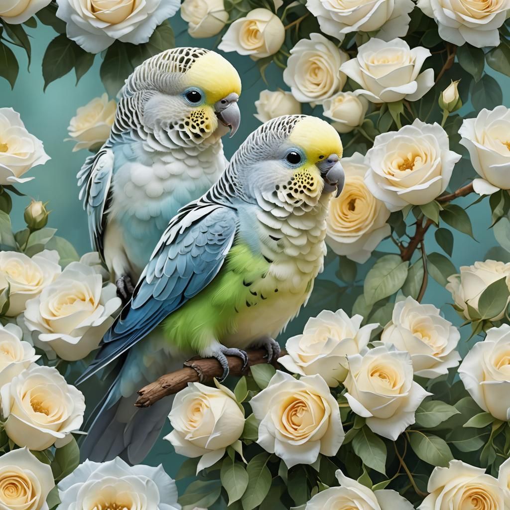 Budgies in White Roses: Detailed Digital Art